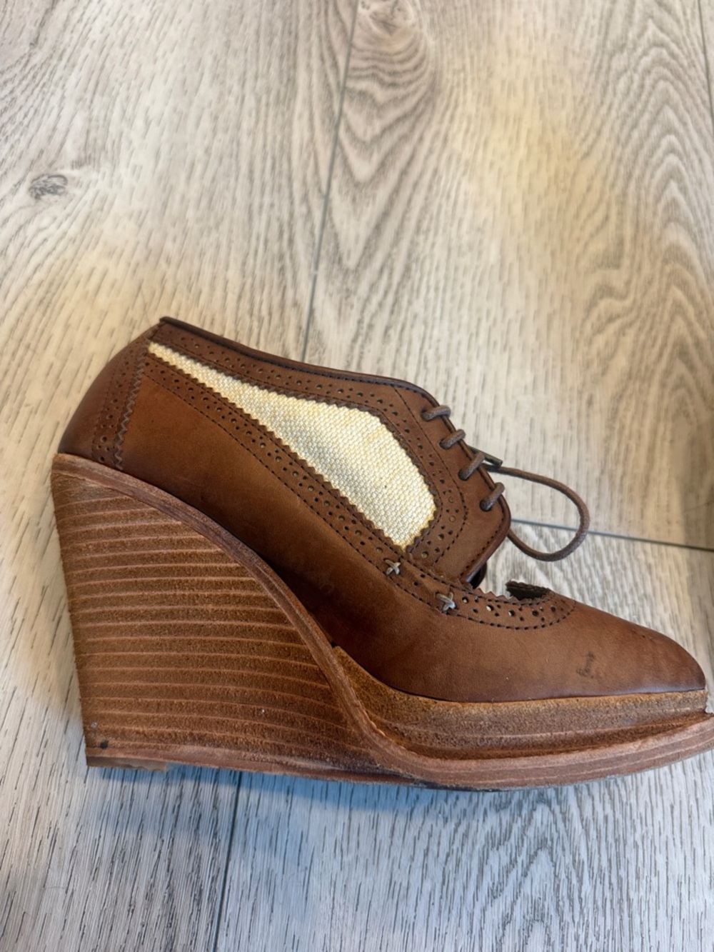 rag & bone Brown Lace-Up Wedge Brogues with Cream Insets - Picture 3 of 9